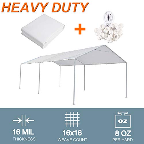Thanaddo 10 x 20 Ft Carport Replacement Canopy Cover Garage Top Tent Shelter Tarp with Free 44 Ball Bungee Cords,White(Onl...