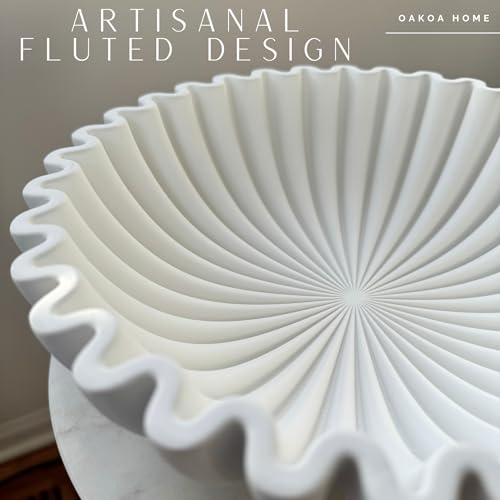 OAKOA Concrete Decorative Bowl - White Large Decorative Bowls for Home Decor - Coffee Table Bowl Decor - Scalloped Ruffle ...