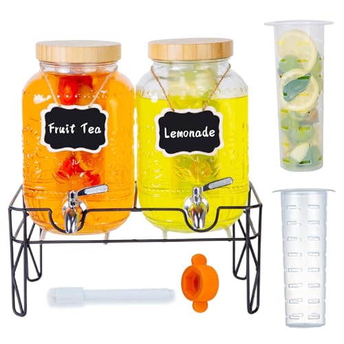 2-Pack1Gallon Glass Drink Dispensers for Parties,Beverage Dispenser with Stainless Steel Leakproof Spigot/Stand/Bamboo Lid...