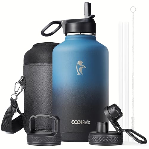 Half Gallon Water Bottle Insulated with Straw & 3 Lids, Coolflask 64 oz Water Jug Large Metal Stainless Steel Wide Mouth f...