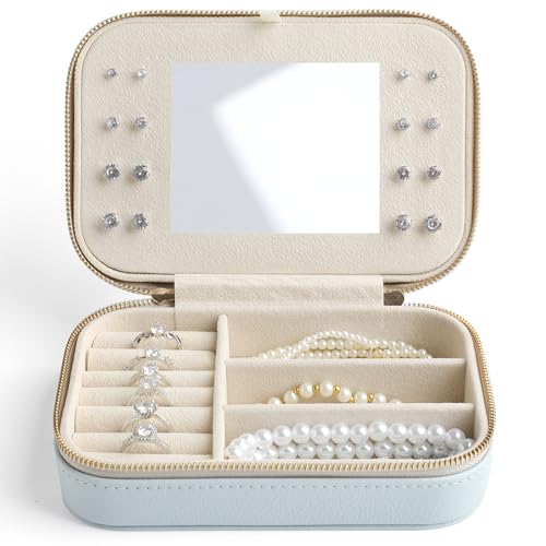 NGVRC Genuine Leather Travel Jewelry Organizer Case with Mirror for Women, Small Mini Portable Jewelry Box for Ring Earrings Necklace Bracelet Luxury Gift for Women（Pink）