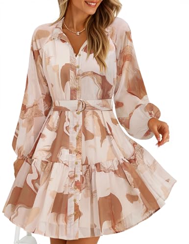ZESICA Womens Floral Long Sleeve Mini Dress Spring Button Chiffon A Line Swing Short Wedding Guest Holiday Party Dresses
