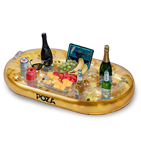 POZA Inflatable Gold Floating Cooler - Luxurious Drink Holder Filled with Sparkly Confetti, Premium Party Float with 8 Hol...