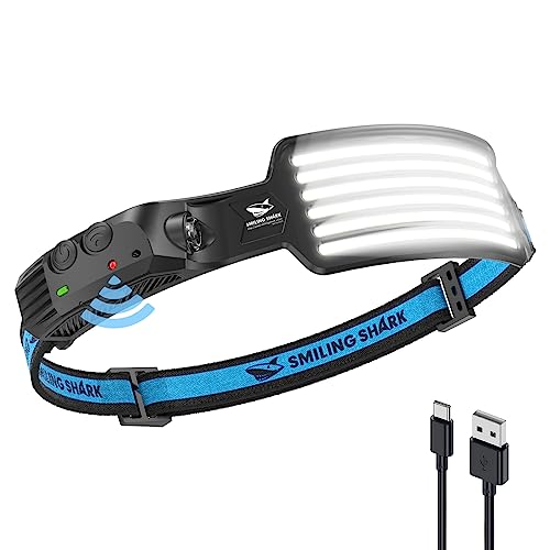 Smiling Shark Rechargeable Headlamp, 230°Wide Angle 6*White Light The Brightest LED Head Lamp with Motion Sensor Waterproo...