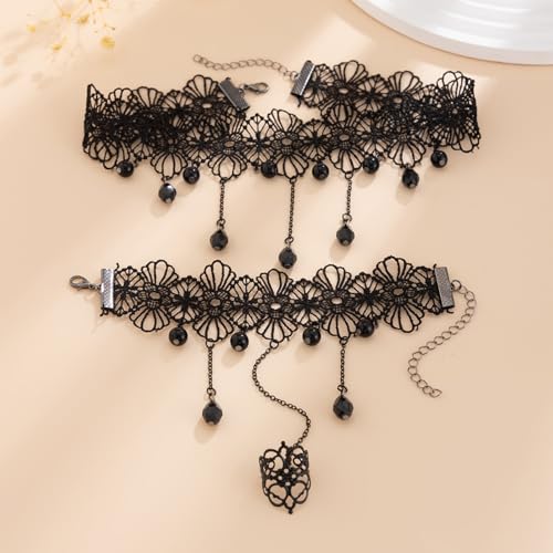 Bestleey Gothic Layered Lace Choker Necklace Earrings Set for Women,Vintage Black Crystal Tassels Necklaces Earrings Set Statement Punk Style Necklaces Earring Halloween Dark Vampire Jewelry (Black1)