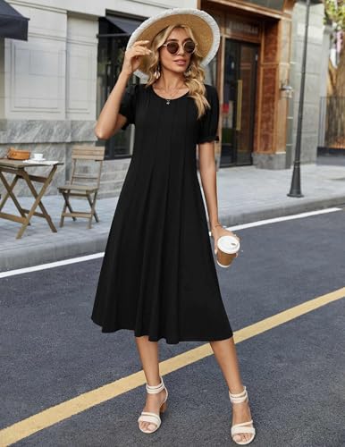 Zeagoo Womens Summer Dress Casual Midi Dresses 2026 Short Puff Sleeve Flare Dress Pleated Flowy Sundress with Pockets