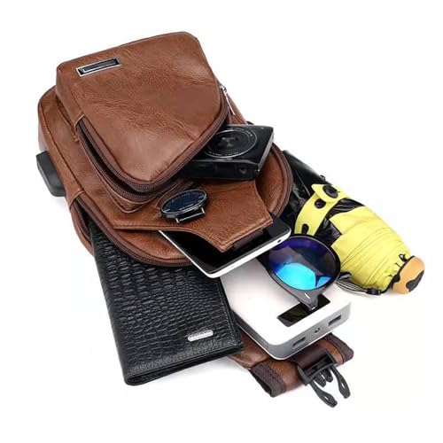 PU Sling Bag Mens Crossbody Bags Chest Bag Daypack Backpack for Men with USB Charge Port Earphone Hole Travel Outdoor Camping