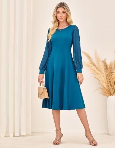 GRACE KARIN Women's 2025 Casual Long Lace Sleeve Dresses, Summer Flowy Crewneck A Line Plain Midi Dress with Pockets