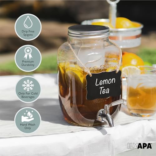 Ilyapa 2 Gallon Drink Dispenser - Wide Mouth Glass Drink Dispenser - 100% Leak Proof Stainless Steel Spigot with Glass Fli...