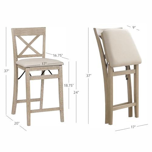 Linon Triena X Back Neutral Greywash Wooden Fully Assembled Folding 24 Inch Seat Height Counter Stool with Beige Upholstered Seat