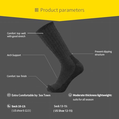SOX TOWN Men's Merino Wool Cushion Crew Socks Moisture Wicking Control for Outdoor Hiking Work Boot Thermal Warm All Seasons