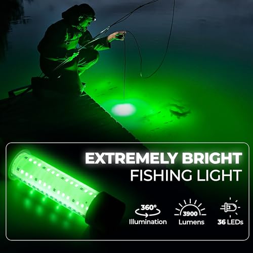 Foxelli Underwater Fishing Light – 3900-Lumen DC12V 30W Submersible IP68 Waterproof Green Fishing Light Attractant with 33...