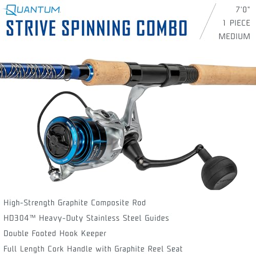 Quantum Strive Spinning Reel and Fishing Rod Combo, Graphite Composite Blank, 4+1 Bearings, Silver/Blue