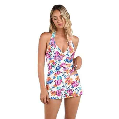 La Blanca Women's V-Neck Halter Tankini Swimsuit Top, Multi//Flor De Paradiso, 12