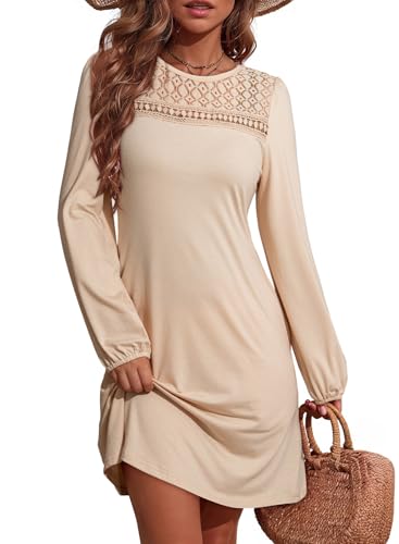 Dokotoo Dresses for Women Crew Neck Long Sleeve A Line Shift Dress Solid Color Loose Fit Mini Dress