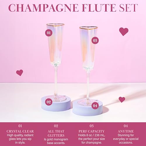 Paris Hilton Heart Shaped Champagne Flute Gift Set, Elegant Handmade Glassware Set, Perfect for Celebrations, Weddings or ...