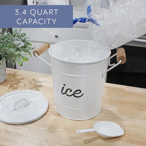 AuldHome Design Rustic Enamelware Ice Bucket; White Farmhouse Style Insulated Ice Server
