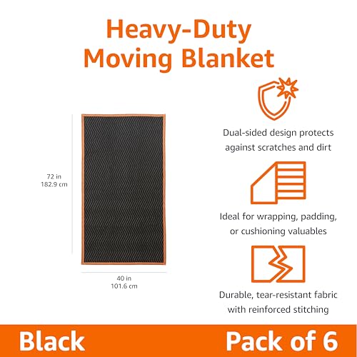 Amazon Basics Moving Blankets, 72" x 40", Pack of 6, Black