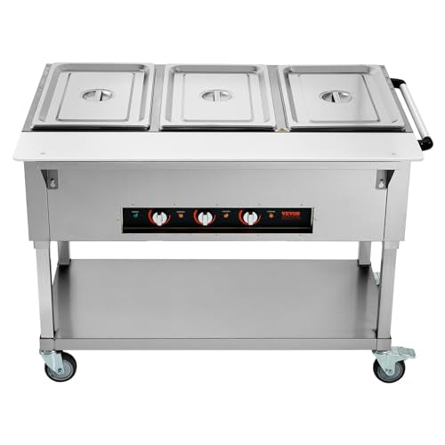 VEVOR 3-Pan Commercial Food Warmer, 3 x 20.6QT Electric Warm Table, 1500W Professional Buffet Catering Food Warmer with 4 Wheels (2 Lockable), Food Grade Stainless Steel Server for Party Restaurant