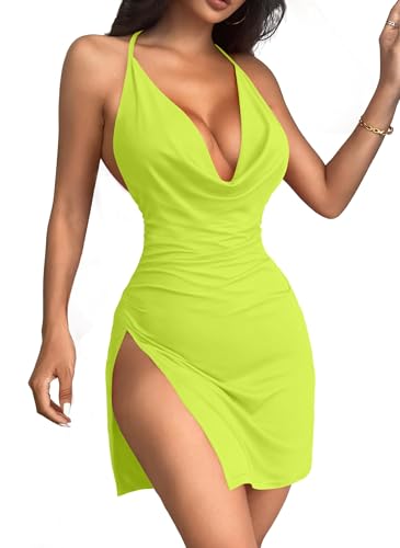 JOTWIS Women's Sexy Backless V Neck Mini Dress High Slit Club Night Out Party Cocktail Dresses