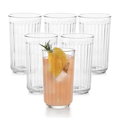 Libbey Paneled Highball Glasses Set of 6, 17 Oz Fine Ribbed Line Whiskey Glasses Set, Dishwasher Safe Highball Champagne G...