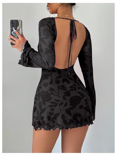 MakeMeChic Women's Floral Print Long Sleeve Mini Dress Mesh Backless Y2k Going Out Dresses