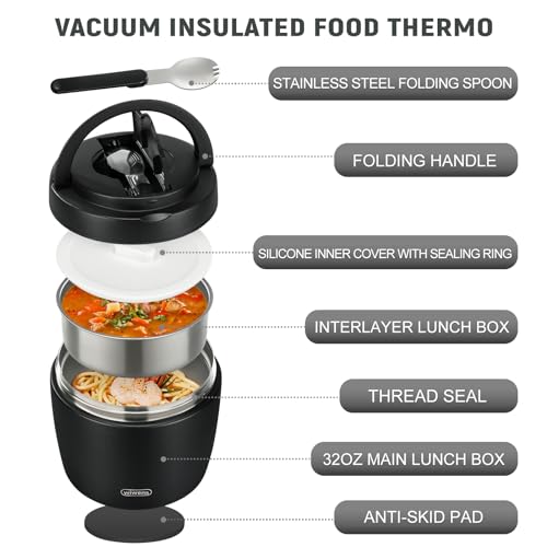 wiwens Thermo Food Jar for Hot Food Adults 32OZ Soup Thermo Lunch Containers Wide Mouth Vacuum Insulated Stainless Steel L...