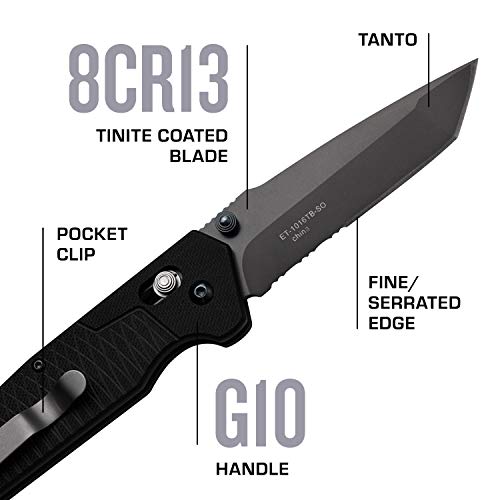 Elite Tactical - Folding Pocket Knife - Tanto Point Serrated Blade with Black G10 Handle and Pocket Clip - Rapid Lock Tact...
