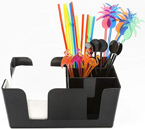 Trendy Bartender Bar Caddy Organizer (6 Compartments) Fully Loaded with Bar Supplies Napkins, Cocktail Straws, and Swizzle...