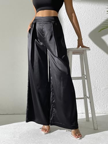 Women's Satin Wide Leg Palazzo Pants Plicated Silky Pull on Party Dress Casual Pant Trouser
