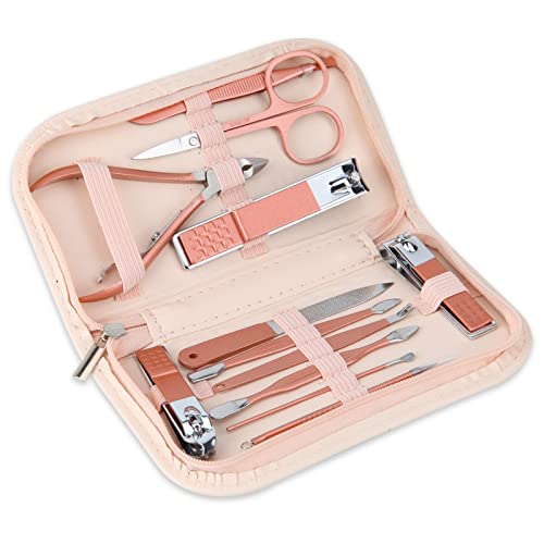 Nail Clippers and Beauty Tool Portable Set Manicure Set 12 in 1, with Pink Leather Bag, Suitable for Home, Workplace, Outd...