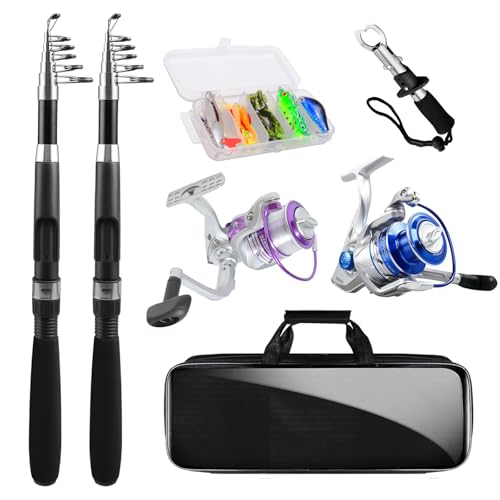 Telescopic Fishing Rod and Reel Combo, 2PACK Carbon Fiber Travel Rod, 2 Collapsible Spinning Reels, 2 100m Line, Carrier B...