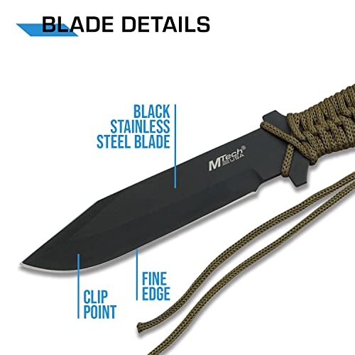 MTech USA – Fixed Blade Knife –Black Stainless Steel Blade, Green Cord Wrapped Handle, Full Tang, Includes Nylon Sheath - ...