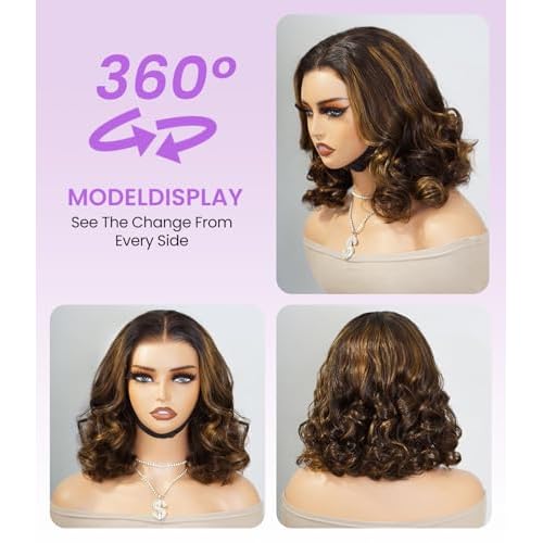 Brown Highlighted Wig Human Hair Wigs for Black Women Glueless Wigs Human Hair Pre Plucked Pre Cut Pre Bleached 6X5 HD Lace Closure ready to wear wigs glueless human hair Wigs 180% Density 12inch