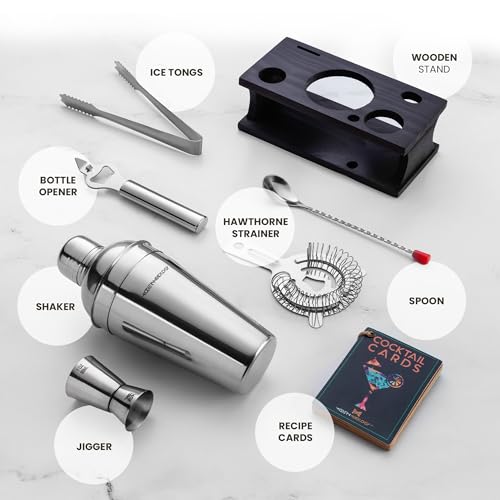 Modern Mixology Cocktail Shaker Set - 8 Piece Bartender Kit on Quality Pine Stand | Complete Cocktail Kit Gift Set | Top B...