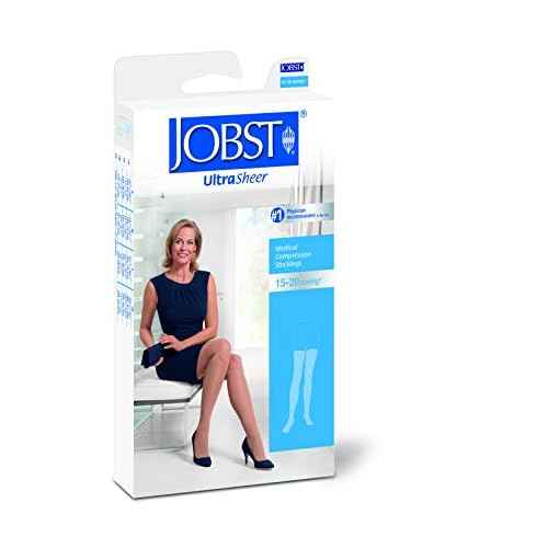 JOBST UltraSheer Thigh High with Lace Silicone Top Band, 15-20 mmHg Compression Stockings, Closed Toe, Medium Petite, Natural