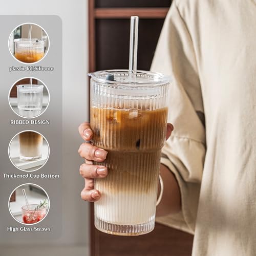 INSETLAN 20 oz Ribbed Glass Tumblers with Lids and Glass Straws – 4-Piece Glassware Set, Thickened Wall, Ideal for Iced Co...
