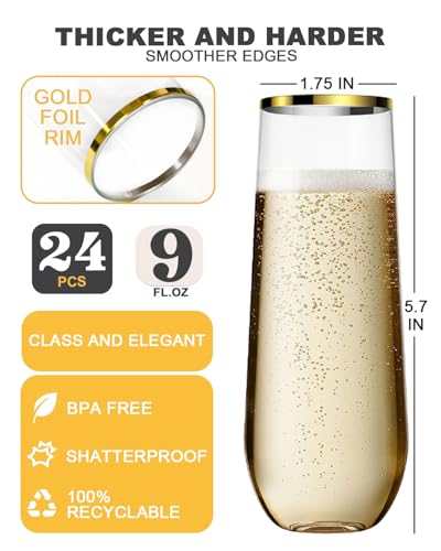 Maaacute 24 Pcak Champagne Flutes Plastic, 9 Oz Disposable Stemless Mimosa Gold Rim Toasting Glasses, Clear Crystal Plasti...