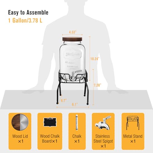 Mustry Glass Drink Dispenser for Parties, 1 Gallon Beverage Dispenser with Stand and Spigot Solid Stainless Steel, Used as...