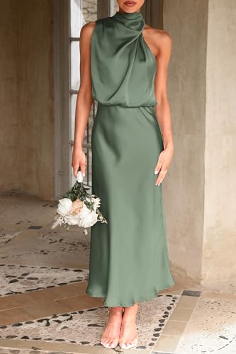 PRETTYGARDEN Women's 2026 Summer Satin Dress Elegant Sleeveless Mock Neck Cocktail Party Maxi Dresses