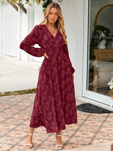 Simplee Womens Boho Floral Long Sleeve Maxi Dress V Neck Empire Waist Fall Wedding Guest Dresses with Pockets