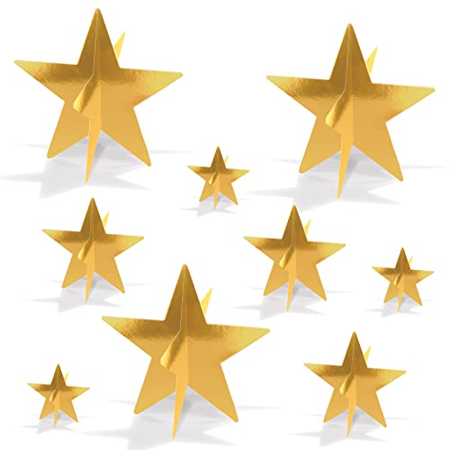 Beistle Gold 3-D Foil Star Centerpieces, 9-Count – Metallic Starry Table Decorations in 3 Sizes for New Year’s Eve, Awards...