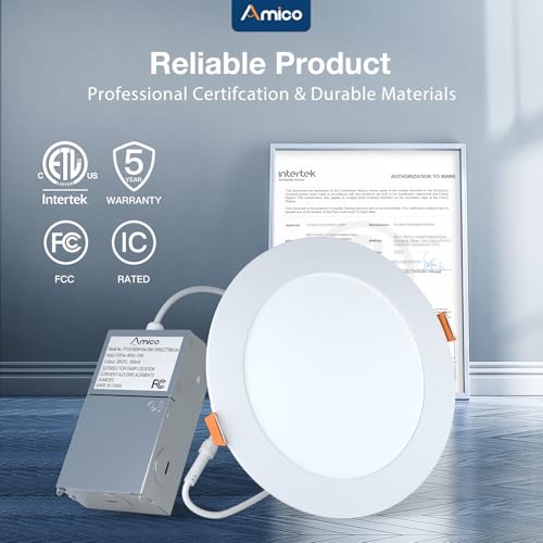 Amico 12 Pack 6 Inch 5CCT Ultra-Thin LED Recessed Ceiling Light with J-Box, 2700K/3000K/3500K/4000K/5000K Selectable, 12W=...