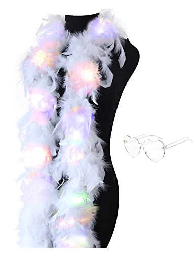 JICASTO Colorful Feather Boas, 6.6ft Boa with 20 Color Lights for Women for Dancing Party Halloween,with Heart Sunglasses