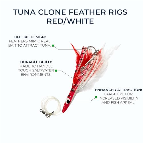 Cedar Plug Tuna Feather Trolling Lure Combo, 6 Pcs Set with Bullet Jet, Flat Jet, Tuna Clone & 6-Pocket Lure Bag for Saltw...