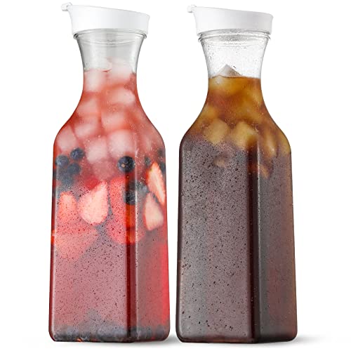 NETANY Plastic 50 Oz Water Carafe with Flip Top Lid, Set of 2 Square Base Juice Containers, Clear Plastic Pitcher - for Wa...
