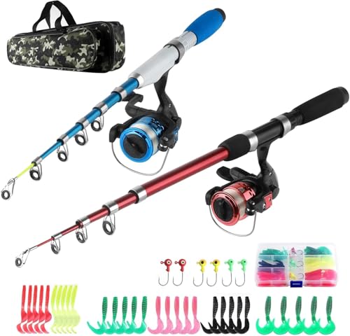 Fishing Rod Reel Combos Collapsible Fishing Rod Kit, 2PCS Telescopic Fishing Pole+2PCS Spinning Reels+Lures Hooks+Tackle B...