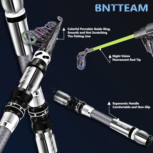 BNTTEAM Portable Fishing Spinning Rod and Reel Combo Set Carbon Fiber Fluorescent Rod Tip, with Fishing Lures Line Carrier...