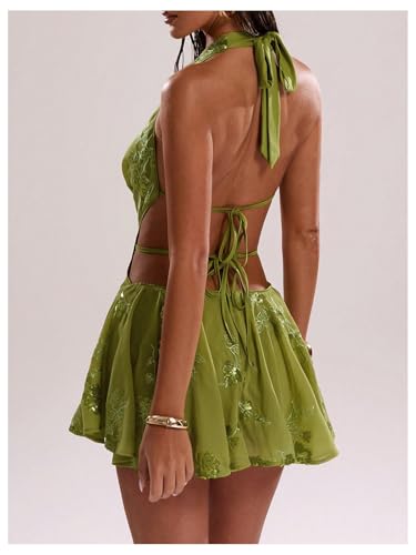 MakeMeChic Women's Floral Sequin Halter Dress Embroidery Draped A Line Y2K Mini Dresses
