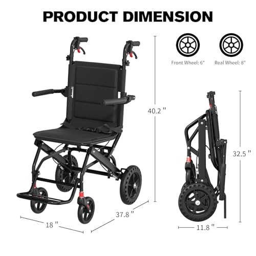 Lightweight Transport Portable Folding Wheelchair, Ultra-Light Wheelchair (Only 17lbs) with Telescopic Handle & Cupholder ...